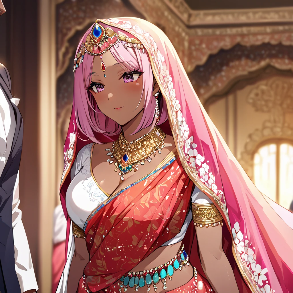 ((Highest quality)), ((masterpiece)), (detailed), （Perfect Face）、The woman is a Hindu Indian named Momo Belia Deviluke with vivid brown skin and a red bindi on her forehead. She is wearing a gorgeous and dazzling traditional Indian wedding dress, a colorful sari, a gorgeous and colorful thottu, a colorful hijab, a bindi, a gorgeous hair ornament, gorgeous jeweled accessories, and an engagement ring, in a luxurious Indian mansion. The woman and the man are in a luxurious palace, and the woman is being held by a middle-aged Indian man with a muscular beard and wearing Indian traditional clothing, who is showing off his gorgeously dressed and beautiful wife to others, as he brags about her.、The woman is an elegant Momo Belia Deviluke with pink hair, short bob hair, wearing a colorful sari and a colorful hijab, bright brown skin, a red bindi on her forehead, and a Hindu Indian Momo Belia Deviluke.、（The woman is Momo Belia Deviluke, a dark-skinned Indian.）、The man is a dignified, muscular, bearded, middle-aged Hindu Indian man wearing traditional Indian clothing.
