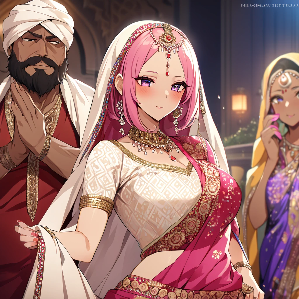 ((Highest quality)), ((masterpiece)), (detailed), （Perfect Face）、The woman is a Hindu Indian named Momo Belia Deviluke with vivid brown skin and a red bindi on her forehead. She is wearing a gorgeous and dazzling traditional Indian wedding dress, a colorful sari, a gorgeous and colorful thottu, a colorful hijab, a bindi, a gorgeous hair ornament, gorgeous jeweled accessories, and an engagement ring, in a luxurious Indian mansion. The woman and the man are in a luxurious palace, and the woman is being held by a middle-aged Indian man with a muscular beard and wearing Indian traditional clothing, who is showing off his gorgeously dressed and beautiful wife to others, as he brags about her.、The woman is an elegant Momo Belia Deviluke with pink hair, short bob hair, wearing a colorful sari and a colorful hijab, bright brown skin, a red bindi on her forehead, and a Hindu Indian Momo Belia Deviluke.、（The woman is Momo Belia Deviluke, a dark-skinned Indian.）、The man is a dignified, muscular, bearded, middle-aged Hindu Indian man wearing traditional Indian clothing.