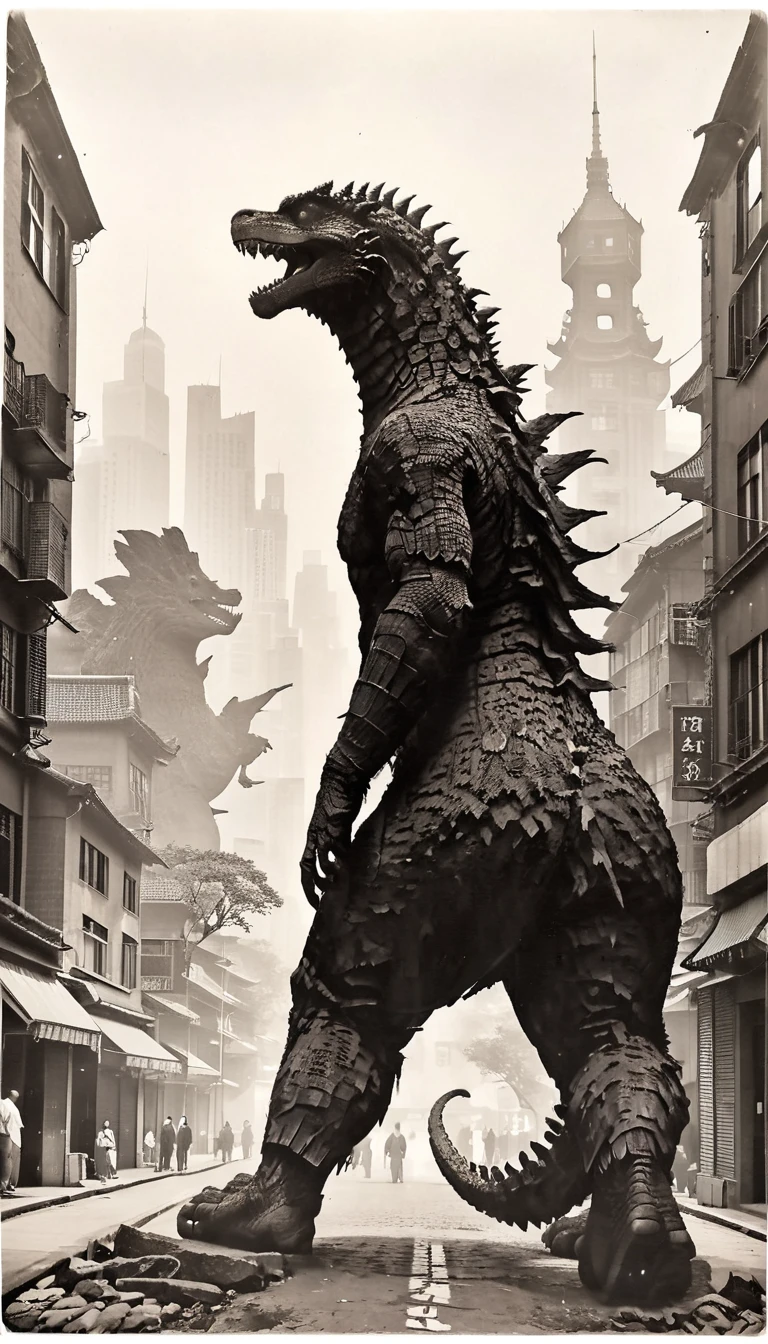 monochromatic、Godzilla、25 meters、Biological silhouette、Streetscape、Shanghai、Look Up、bark、The tail dances