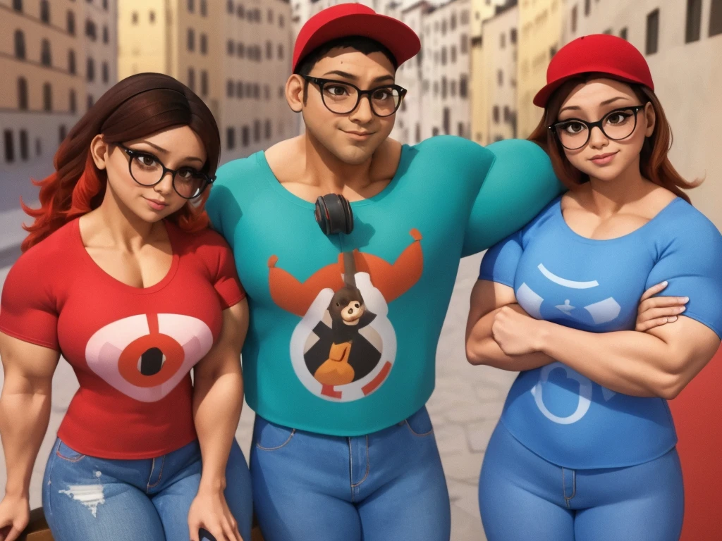 (masterpiece, best quality:1.2), A couple , boy Nino Lahiffe: Brown skin, dark hair, usually seen wearing a red cap, glasses, and casual clothing like a T-shirt and jeans, and a girl Alya Césaire: Brown skin, curly dark brown hair, often wears glasses, and typically seen in stylish, casual outfits. A casual day out with both characters in their everyday attire,Sharing a tender moment, like sitting on a rooftop overlooking Paris..(girl and boy:1), smiling, ((high resolution illustration)), ((extremely detailed)), (couple), Alya, Nino, Nino X Alya, (best quality,4k,8k,highres,masterpiece:1.2), ultra-detailed, realistic:1.37, HDR, studio lighting, extreme detail description, nino wearing a red cap, professional, vibrant colors, bokeh, ((muscular female bodybuilder)), detailed lips, strong embrace, romantic scene, intimate moment, intense passion, athletic bodies, fitness couple, gym background, muscular definition, sculpted muscles, sweat glistening,muscular, (((both flexing their big muscles))).