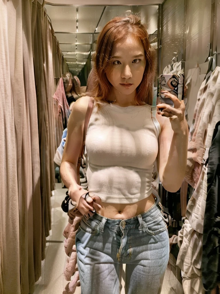 (hyper-realistic image), (good lighting), (instagram style), 30-year-old woman, pale and light skin, disheveled natural red hair, small mole near the mouth, black eyes, excited facial expression, blushing, thin complexion, dressed with pink top, blue jeans, in the hallway of a house, realistic hands.