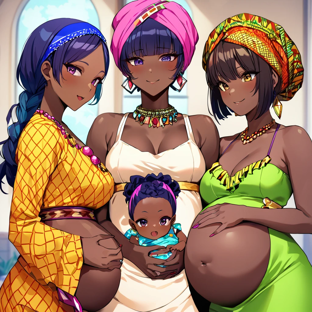 ((Highest quality)), ((masterpiece)), (detailed), (Perfect Face)、The woman is Momo Belia Deviluke, a Ghanaian by birth, with a vibrant dark skin, black by birth, and is wearing a vibrant Ghanaian dress, a vibrant turban head scarf, gorgeous jeweled accessories, and an engagement ring.、The woman was the elegant Momo Belia Deviluke, with pink afro short bob hair tied up in Ghana braids, wearing a colorful Ghanaian dress and a colorful turban head scarf, with vibrant dark brown skin, a natural-born black and Ghanaian, Momo Belia Deviluke.、(The woman is a black Ghanaian with vivid dark brown skin.)、The woman is chatting with other village girls while babysitting in a village in Ghana.、The women are pregnant、The women are holding their baby daughters