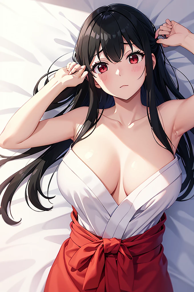 Highest quality、Best image quality、Ultra-high resolution、Ultra-high resolutionで描画、Red yukata、Lie face up on the futon、Disheveled yukata、Unraveled Strip、Sweat、The clavicle is visible、、、Bright red yukata、White underwear、Beautiful black hair、Red eyes、Long Hair、looking at the camera、Eye highlights、Sweatだく、Fold your arms above your head、Raise your arms、Raise your arms to show your sides、On the futon、Lying on your back