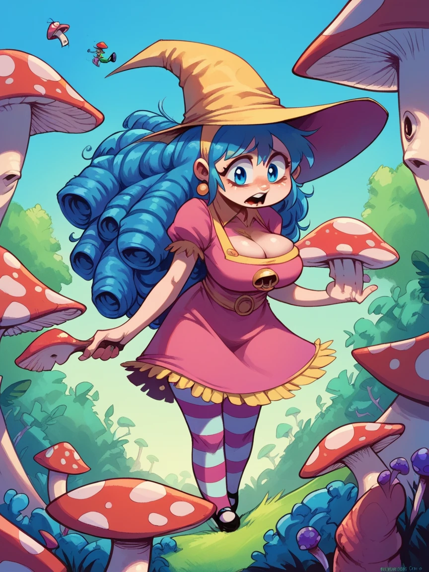 score_9, score_8_up, score_7_up, score_6_up,  sk0tt13y, 1girl, curvy, long hair, large breasts, bleu  hair, mushroom ,assise sur une énorme grenouille 