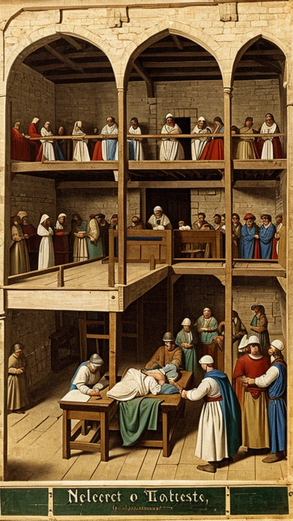 Medieval hospital with men lying on tables and nurses standing over them