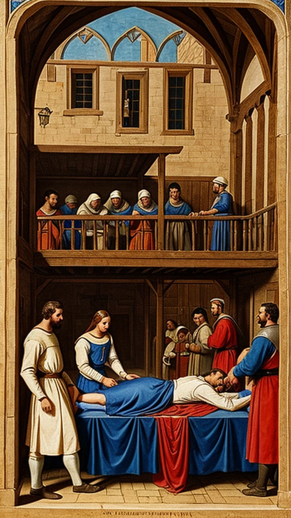 Medieval hospital with men lying on tables and nurses standing over them
