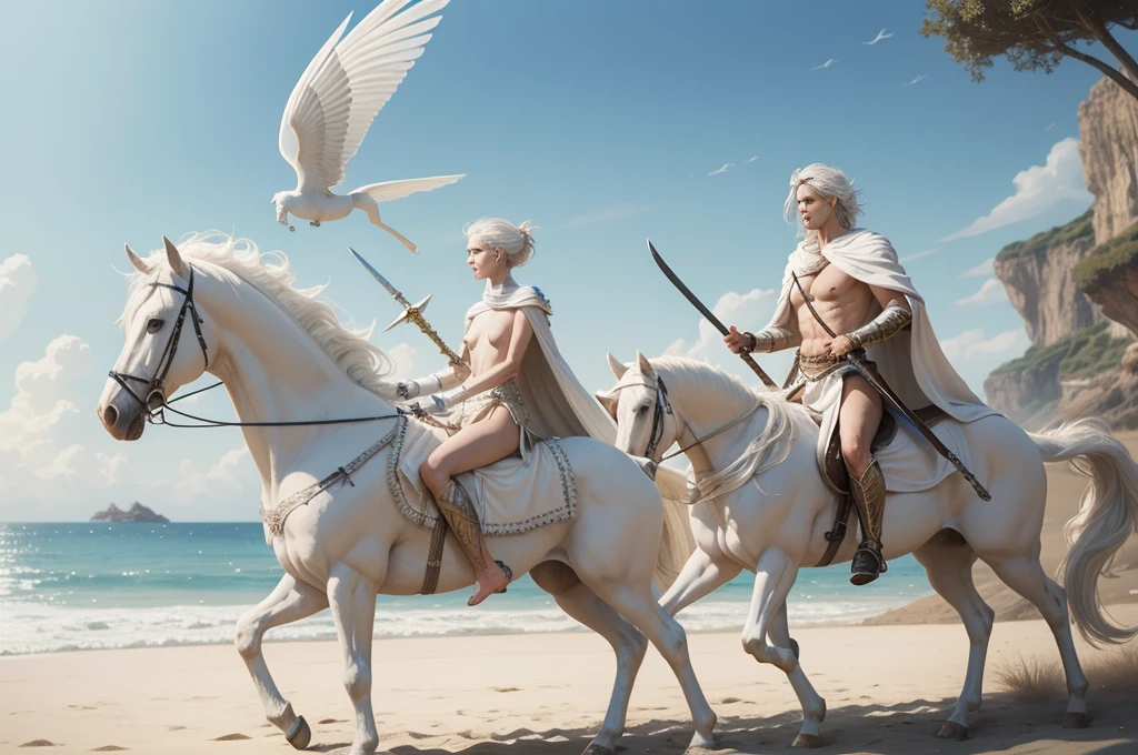 on the beach, many small full body, naked woman lie on ground,  small man riding white horse far far, white feather cloak, shield, bow, sword, female greek god, white hair, masculine, mature, naked, hairy torso, fantasy, intricate, elegant, highly detailed, digital painting, artstation, concept art, smooth, sharp focus, illustration, 