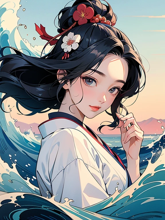 (Highest quality、masterpiece、High resolution、Official Art、8K)、Ukiyo-e、Katsushika Hokusai、Fuji Mountain、White waves of the sea、Boat、