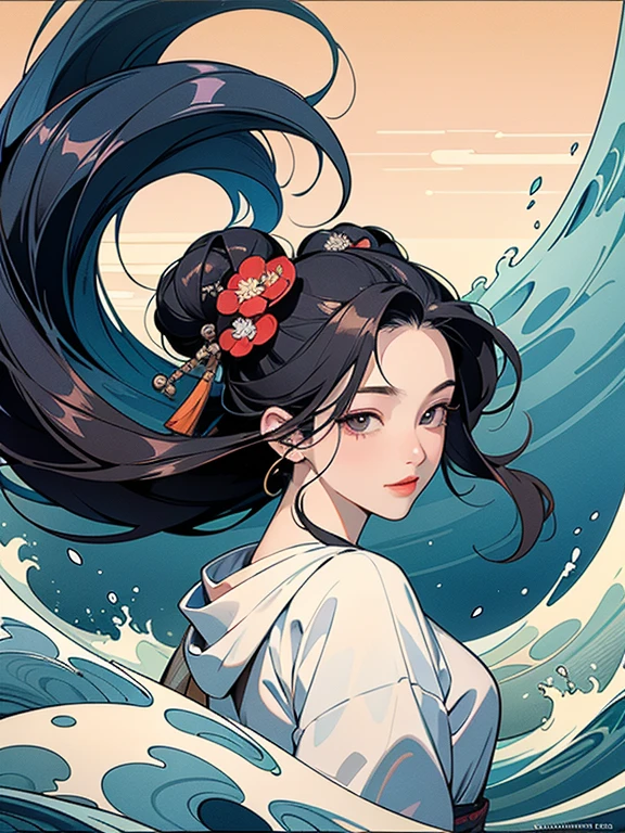 (Highest quality、masterpiece、High resolution、Official Art、8K)、Ukiyo-e、Katsushika Hokusai、Fuji Mountain、White waves of the sea、Boat、
