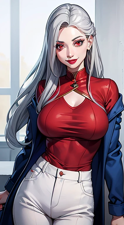 Adult woman, long gray hair, red eyes, red eyeshadow, blue lipstick, blue jacket, white pants , large breasts, Smile, Masterpiece, hiquality, 4k, HD, Good detail