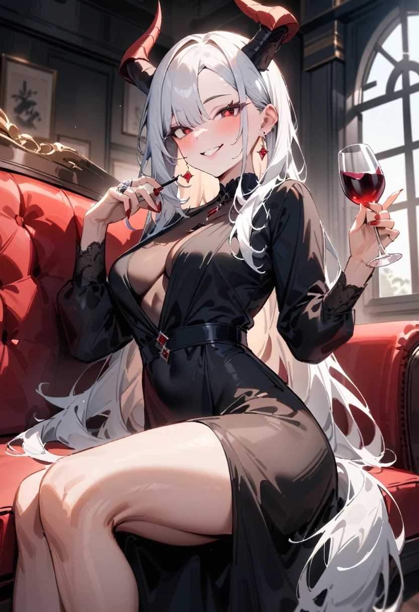 masterpiece, best quality, very aesthetic, absurdres, newest, 1girl, solo, asymmetrical bangs, 1girl, solo, long hair, breasts, looking at viewer, naughty smile, smug, red eyes, long sleeves, dress, holding, jewelry, medium breasts, sitting, white hair, sidelocks, earrings, parted lips, horns, teeth, indoors, black dress, cup, hands up, window, ring, couch, holding cup, red nails, drinking glass, dragon, long dress, wine glass, wine, armchair