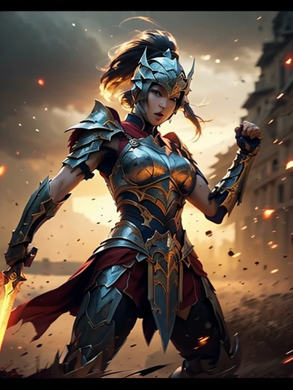 young lady knight, powerful aura, unleashing a slash, dynamic pose, glowing energy, intense expression, detailed armor, fantasy setting, battle scene, vibrant colors, magic, flowing hair, epic, fierce, shining sword, action, dramatic lighting, high contrast, sparks, mystical, warrior, heroic, ethereal, enchanted, strong, determined, anime style, intricate design, motion blur, radiant, fierce battle, medieval fantasy, power, dramatic, swirling energy