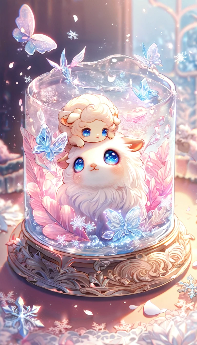 Ultra detailed, HDR, Highres, absurdres, master piece, white sheep, expressive blue eyes, glass, ice glittering butterflies, ice, petals, pink ice glass flowers, cute, glittering, water, fantasy, magical, snowflakes, cold, small and cute,
