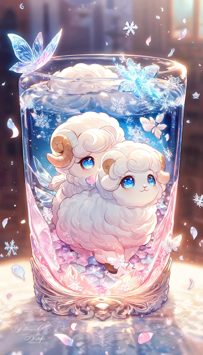 Ultra detailed, HDR, Highres, absurdres, master piece, white sheep, expressive blue eyes, glass, ice glittering butterflies, ice, petals, pink ice glass flowers, cute, glittering, water, fantasy, magical, snowflakes, cold, small and cute,