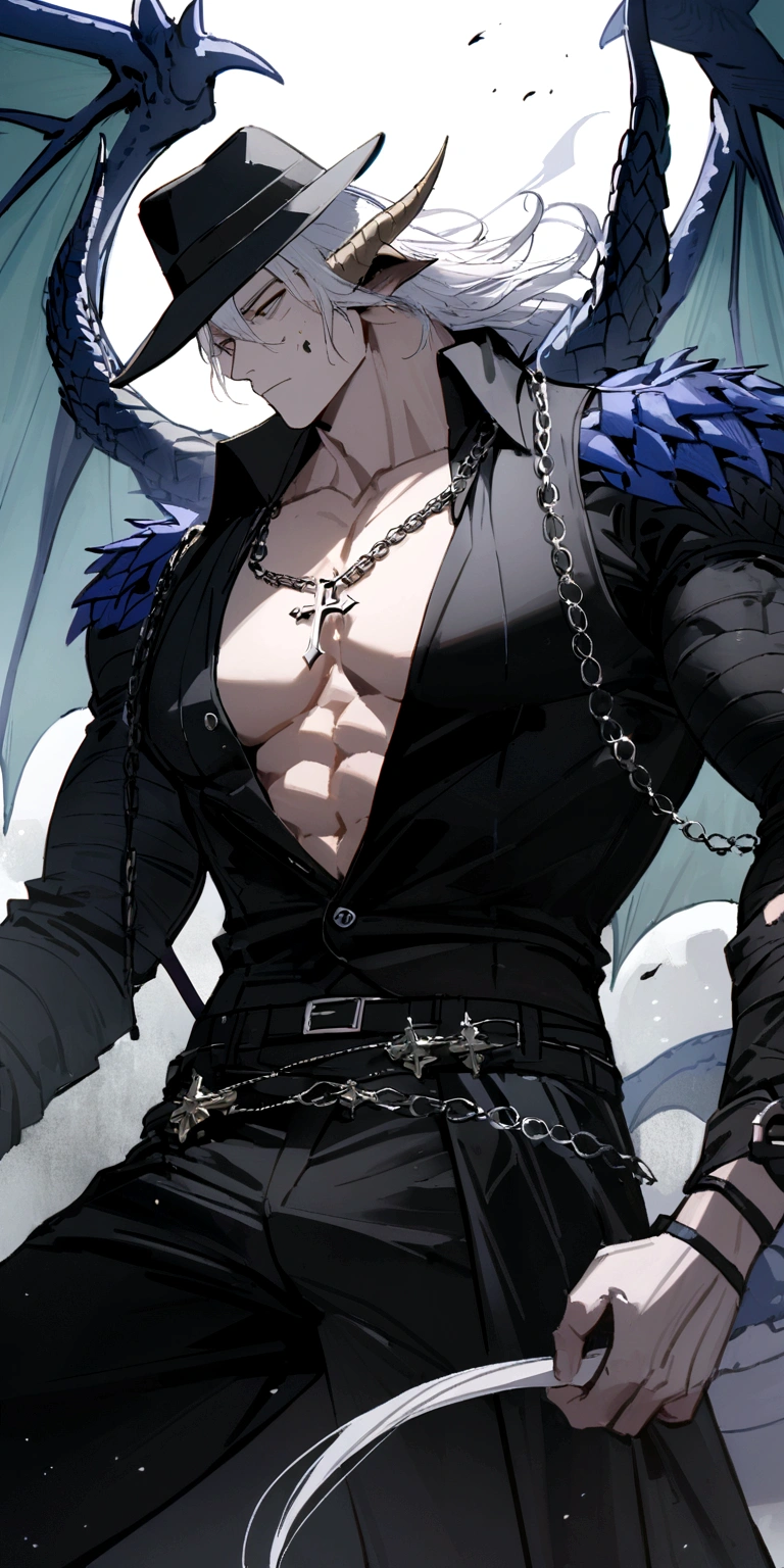 homen,strong muscles, White hair, best qualityer,open chest vest, blue and black clothes, Dragon Wings, black cloth on face, silver cross chain around neck, black long-brimmed fedora hat with black and blue dragon horns
