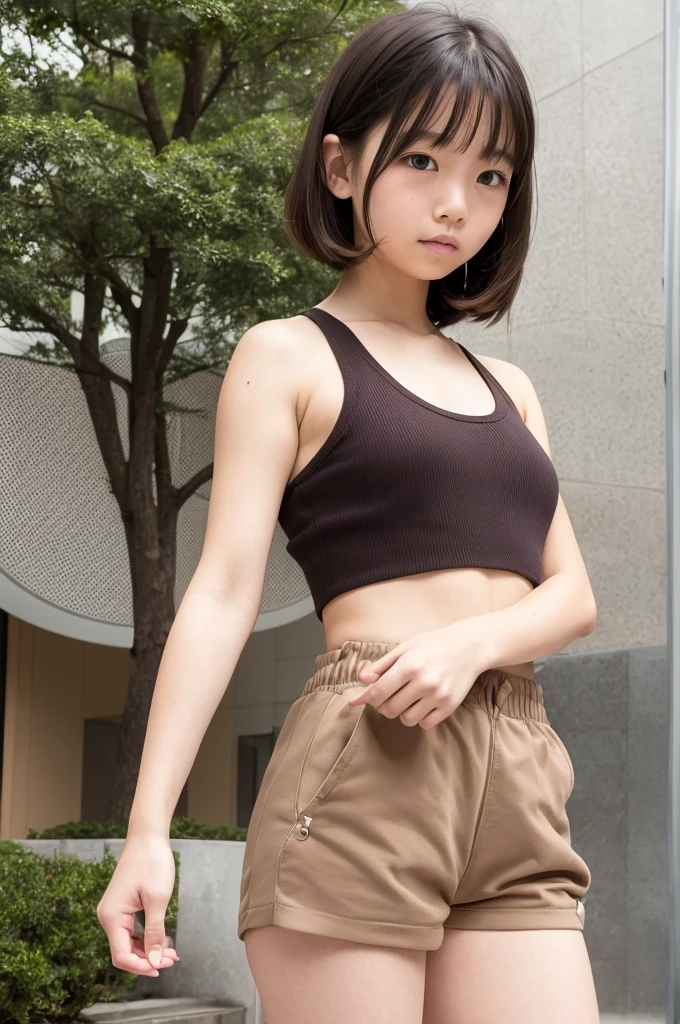 (masterpiece, Highest quality, 8K, High resolution),(Realistic skin texture, Perfect Face, Realistic, Perfect hands, Perfect finger count, Japanese, Girl), (12 years old), (2 people), Big Eyes, Brown eyes, Light brown hair, bangs, Twin tails, Hair Ribbon, Small face, Smile, ((Tank top, Low rise sports shorts)), 2 peopleが並んで立っている, Cute pose, Shopping mall