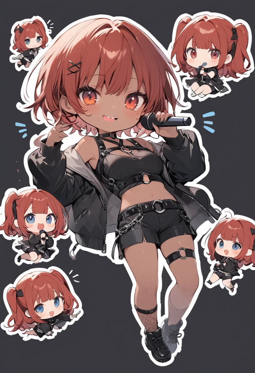 full body,1 girl, (cute:1.3),short red Hair, left eye blue, right eye yellow, tan skin, freckles,｛open sexy clothes, black skirt, Black stockings, long sleeves, chest harness, black shirt, crop top, shorts, Shoes, O-Ring, midriff, off shoulder, medium breasts, thigh strap, shorts, fishnet stockings,Glossy, shiny material, chibi emote, chibi character, chibi, holding microphone, singing into microphone, embarrassed expression 