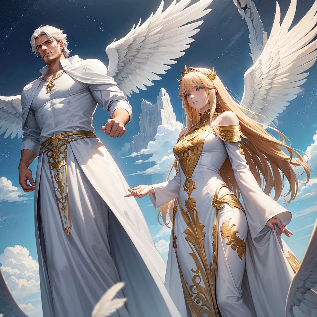 Description: Gabriel the man is an imposing and serene angel, Known for his firm and protective stance. With intense eyes and majestic wings, he radiates an aura of strength and calm. Her golden hair falls softly over her shoulders, and your clothes are simple, but elegant, reflecting their devotion to the duty of protecting those in need. MAN MAN MAN MAKE A MAN 