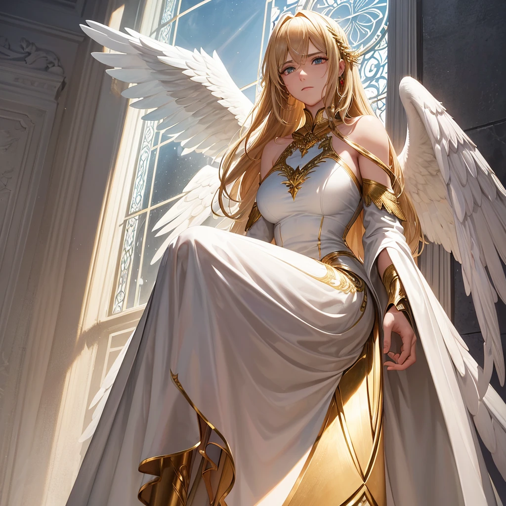 Description: Gabriel the man is an imposing and serene angel, Known for his firm and protective stance. With intense eyes and majestic wings, he radiates an aura of strength and calm. Her golden hair falls softly over her shoulders, and your clothes are simple, but elegant, reflecting their devotion to the duty of protecting those in need. MAN MAN MAN MAKE A MAN 