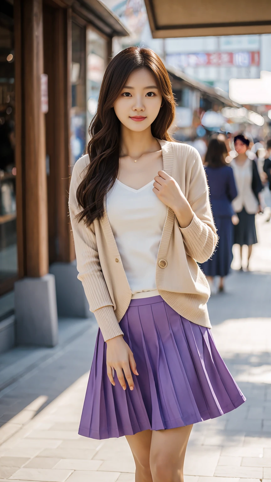Full body shot, a young Korean woman in a beige cardigan, white top, long pleated purple skirt, purple heels, holding a purse, large hair bun, standing in a market, face straight to viewer, shy pose, serene expression, cute face, detailed face, detailed clothing, detailed background, natural lighting, warm colors, beautiful scenery, intricate details, highly detailed, photorealistic, 8k, ((masterpiece)), cinematic style, portrait