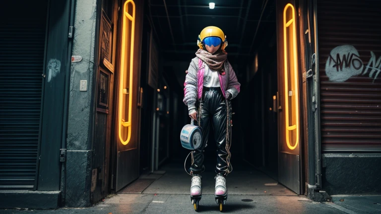 short woman, (ultra detailed,ultra high res,detailed background),((2D)),((2D)),((flat color)),((muted color)),((floating neon)),1girl,solo,looking at viewer, spray paint, graffiti, girl in a colorful fencing suit, long plush scarf, full body image, adult woman, anatomically perfect face, face in focus, symmetrical face, ((rollerskates)), wearing a 1950's scifi helmet with a visor, big sunglasses,