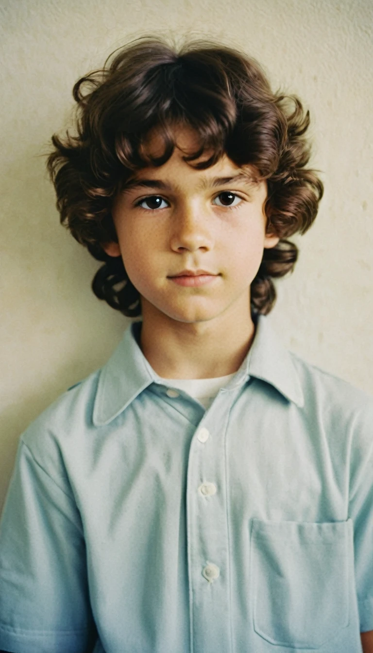 analog film photo, modern day photo of a young student, 13 years-old, male, brown-black hair, long curly hair, brown eyes, caucasian, round face, oval-shaped jawline, bulbous nose, full lips, thick eyebrows, soft features, stocky broad frame, chubby, handsome, resembles a younger John C Reilly, (relaxed school uniform:1.1), silhouette, backlit, split lighting, half face in shadow, RAW Photograph, dslr, hard lighting, hard shadows, high quality, film grain, Fujifilm XT3, detailed skin with visible pores, insane details, masterpiece, 8k, 35mm photograph, dslr, kodachrome, faded film, desaturated, 35mm photo, grainy, vintage, Kodachrome, Lomography, stained, highly detailed, found footage, yearbook portrait, contemporary, 2024
