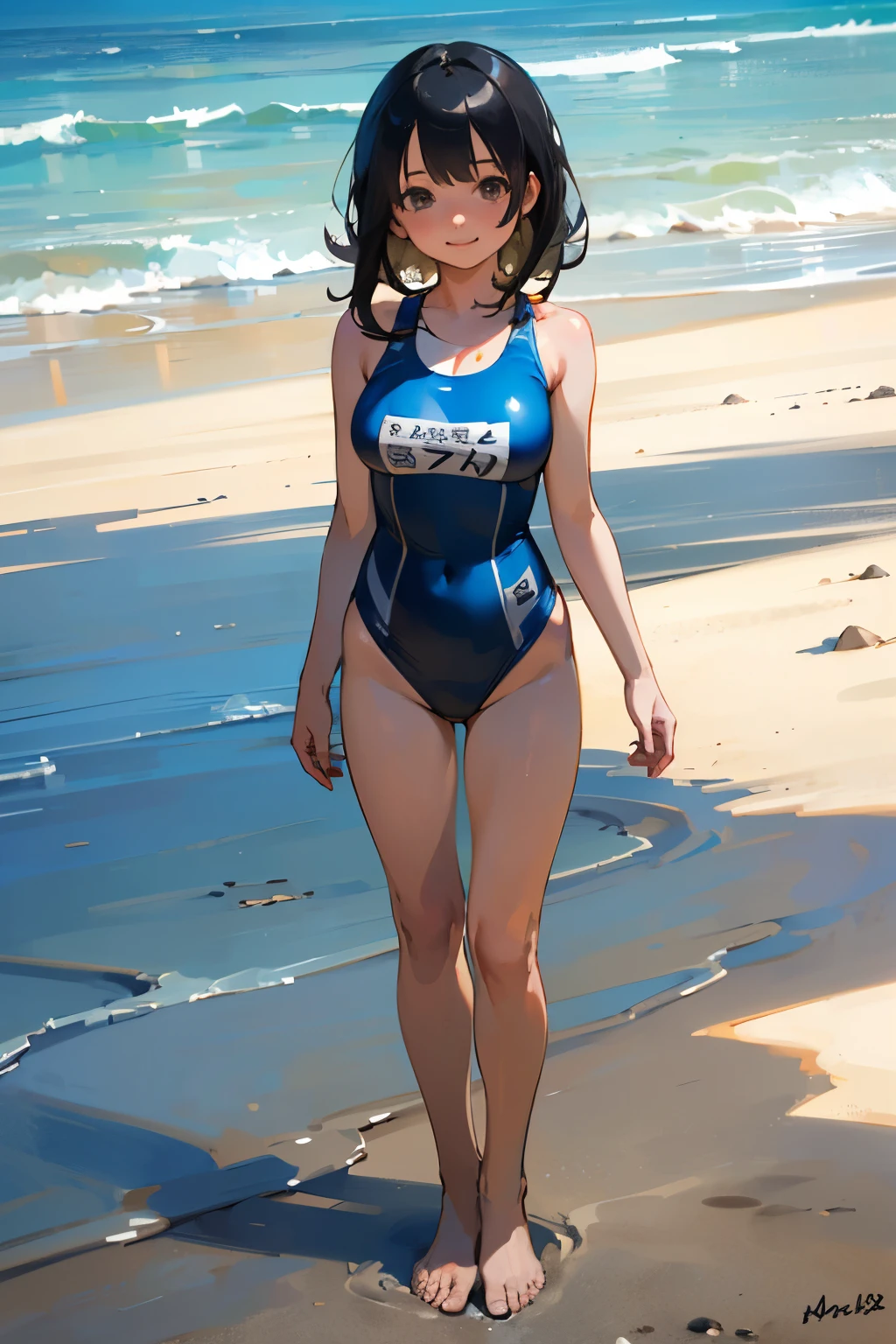 (high quality, High resolution, Very detailed, reality:1.37), Peaceful atmosphere, (Sandy Beach), Teenage girl standing alone, (my breasts are big.), Beautiful details, Cute Smile, (Black bob hair), One piece swimsuit, barefoot.