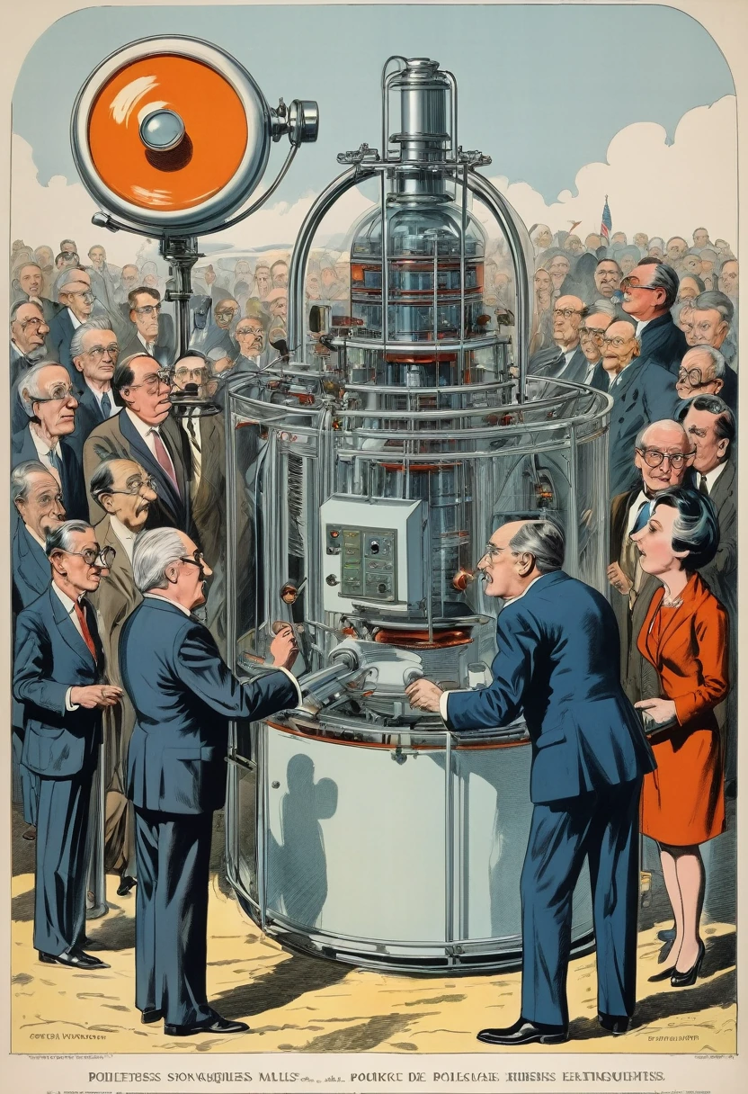 Machine futuriste « Convertisseur d'énergie de rhétorique vide » avec des caricatures exagérées de politiciens. Politiciens : têtes comiquement grandes, corps minuscules, traits surdimensionnés (yeux exorbités, bouches énormes, mâchoires battantes). Gesticulant sauvagement avec des poses dramatiques. Expressions absurdement exagérées de suffisance. Porter des costumes mal ajustés avec des cravates ridiculement grandes. Machine : appareil élégant et de haute technologie avec des panneaux lumineux et des tubes d'énergie pulsés. Des ondes sonores visibles émanent des politiciens vers les machines. Style : une caricature politique satirique et exagérée rencontre la science-fiction. Couleurs vibrantes, accent mis sur les performances théâtrales des hommes politiques. Style