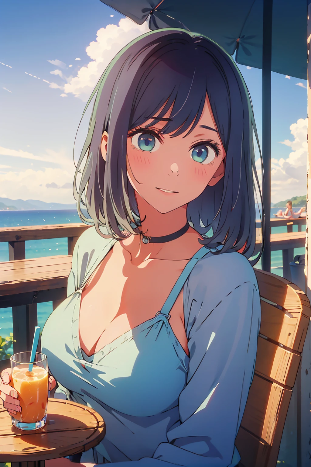 (Highest quality:1.4、masterpiece:1.4、Super detailed:1.4、8K:1.4)、((((1 person、Surprised expression、sit、Outdoor café terrace、coastal、juice、table、Sandy Beach、bikini、juiceのグラスを持つ、Big eyes、Shallow depth of field、Very cute face))))、((((sunset、Sunset))))、F cup bust、Big Breasts