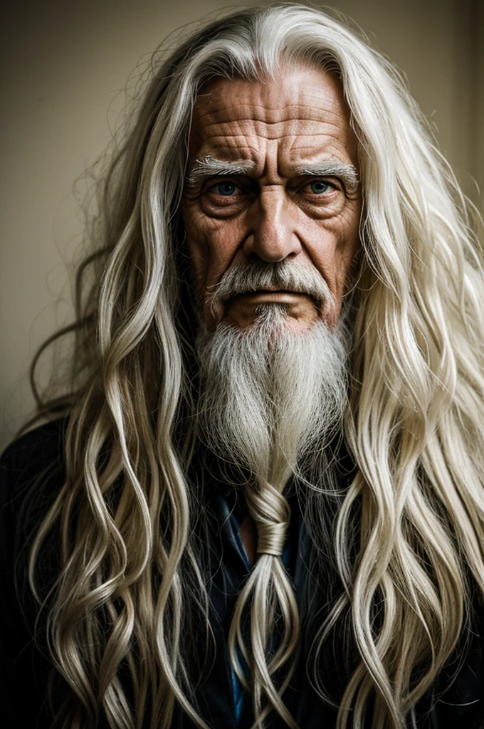 Portrait of old man with long white wavy hair and big eyes sinister face