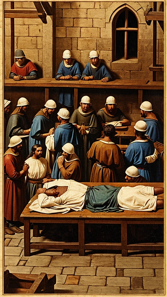 Medieval hospital with men lying on tables and nurses standing over them, close up