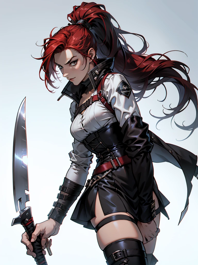 Rogue human woman, with red hair and black streaks, long high ponytail, white corset, black mini skirt, black thigh high boots, black jacket, holding a knife
