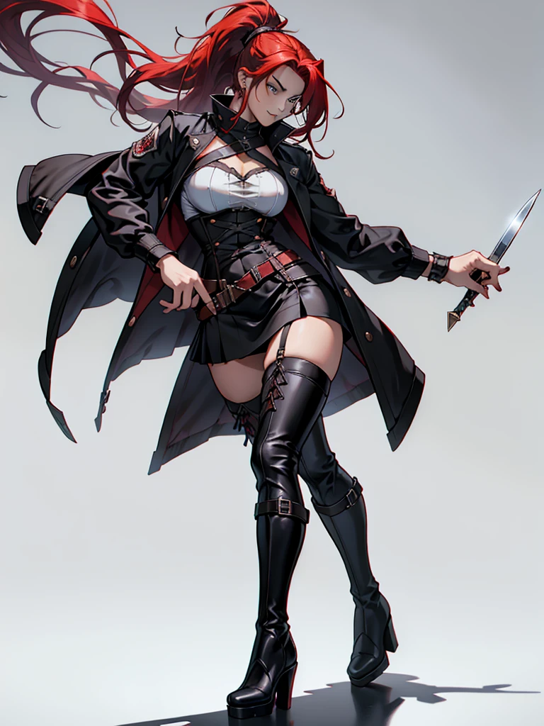 Rogue human woman, with red hair and black streaks, long high ponytail, white corset, black mini skirt, black thigh high boots, black jacket, holding a knife
