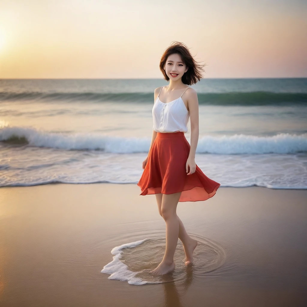 beautiful korean girl, Chest size 34 inches, Wear sleeveless, light skirt, sunset beach red light. beautiful pretty woman look , wearing a light skirt , Go far into the sea water and dip your toes., Short medium hair blowing in the wind, 1 woman, beautiful eyes, a little smile, Full body photo from a distance with a wide angle lens