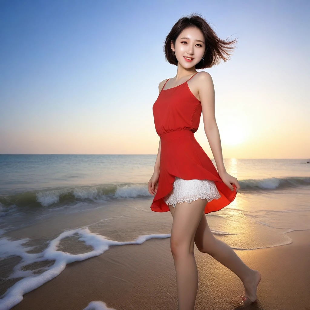 beautiful korean girl, Chest size 34 inches, Wear sleeveless, light skirt, sunset beach red light. beautiful pretty woman look , wearing a light skirt , Go far into the sea water and dip your toes., Short medium hair blowing in the wind, 1 woman, beautiful eyes, a little smile, Full body photo from a distance with a wide angle lens