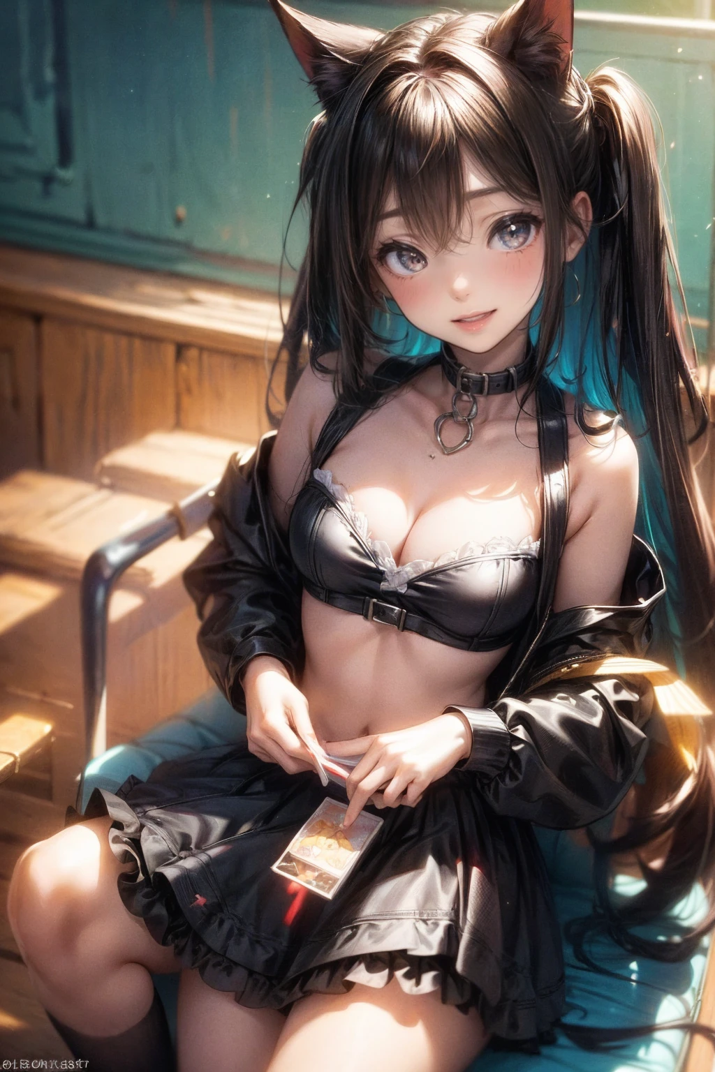 One Girl、(20-year-old woman)、Cat ears headband、Cat tail、Black maid outfit、Holding a tray with two parfaits on it in one hand、With the other hand, lift your skirt to show your underwear、Short skirt、I can see your pants、White knee-high socks、Striped pants、Highest quality、8K、Beautiful Face、Mischievous smile、Wink to the viewer、View Viewer、A bright cafe with a black cat