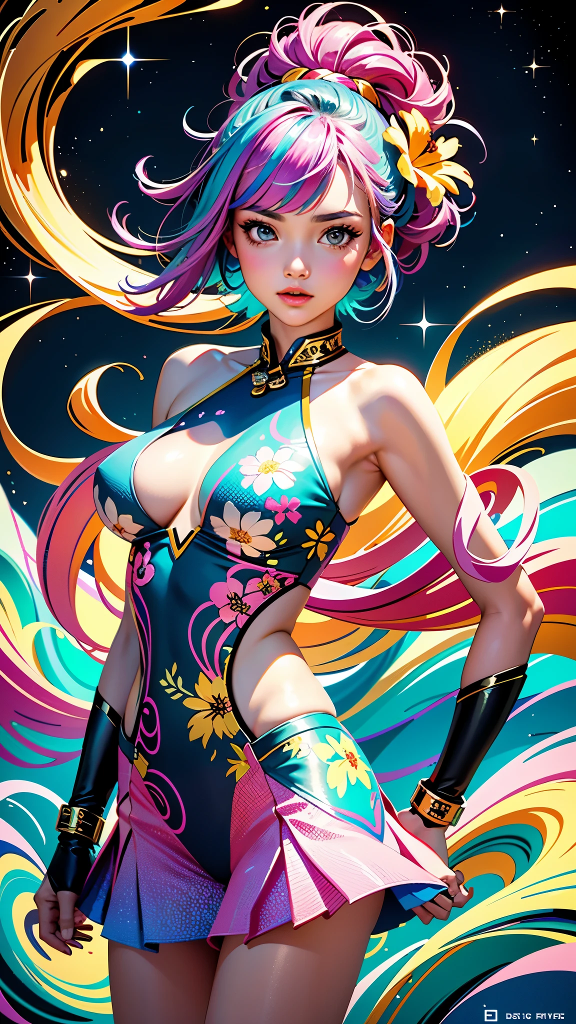 Girl standing in the clouds staring up as the stars, stars floating around her, brilliant colors, amazing swirls of cosmic dust, colorful vibrant, light particles, Create digital artwork in the Pop Art style, Featuring a vibrant and confident young Asian girl,street fashion (breast), Movie color scheme, Surrounded by vintage flower motifs, Vibrant brushstrokes,Emotions should be dynamic, Upper body, Drawing, illustration, escala cinza, tropical, Many flowers,