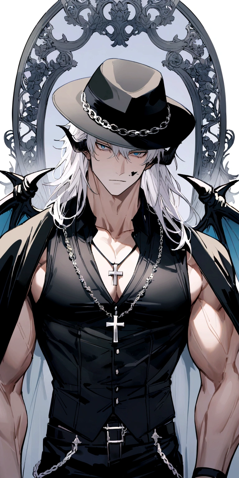 homen,strong muscles, White hair, best qualityer,open chest vest, blue and black clothes, Dragon Wings, black cloth on face, silver cross chain around neck, black long-brimmed fedora hat with black and blue dragon horns on the hat 