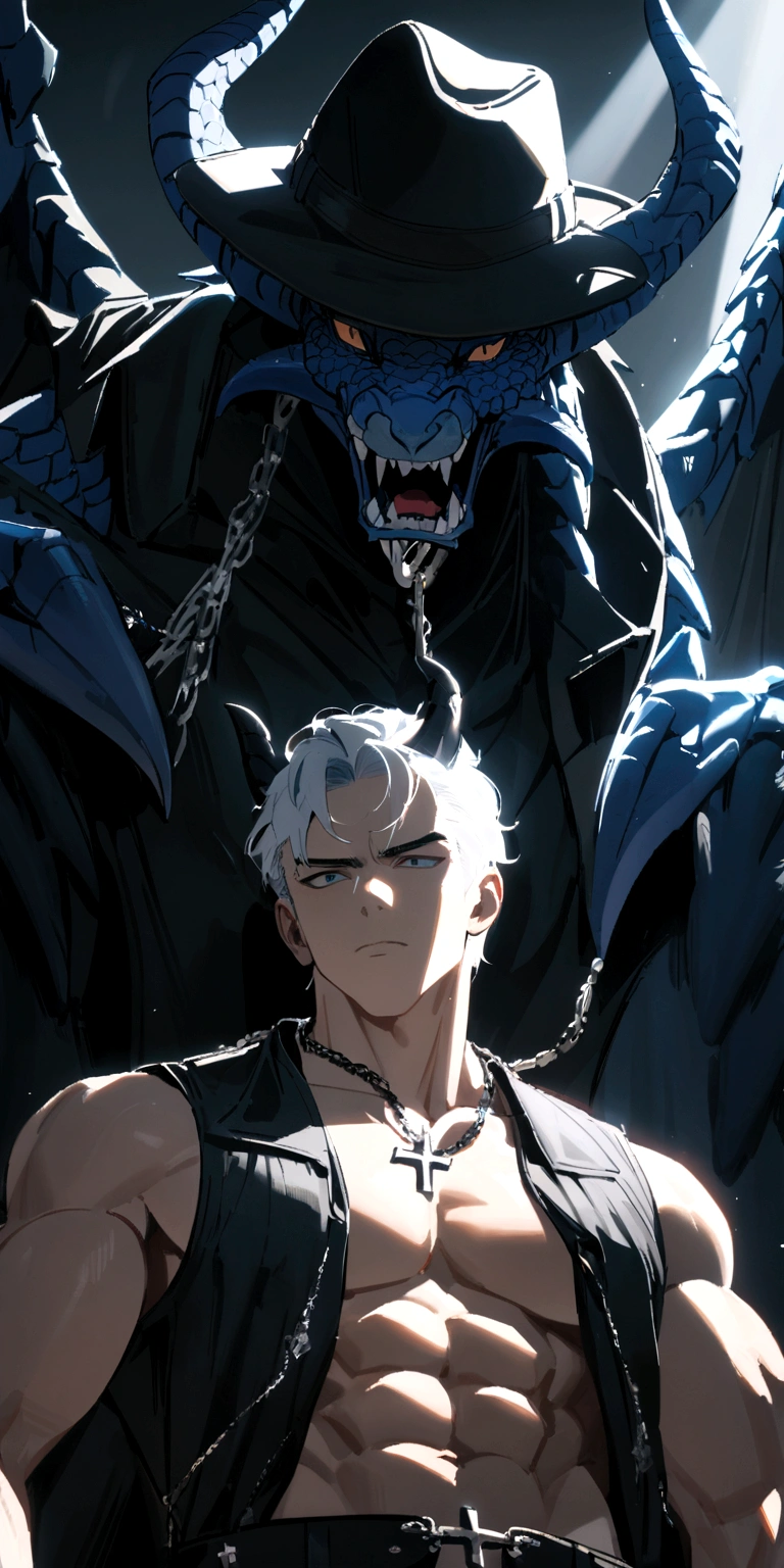 homen,strong muscles, White hair, best qualityer,open chest vest, blue and black clothes, Dragon Wings, black cloth on face, silver cross chain around neck, black long-brimmed fedora hat with black and blue dragon horns on the hat