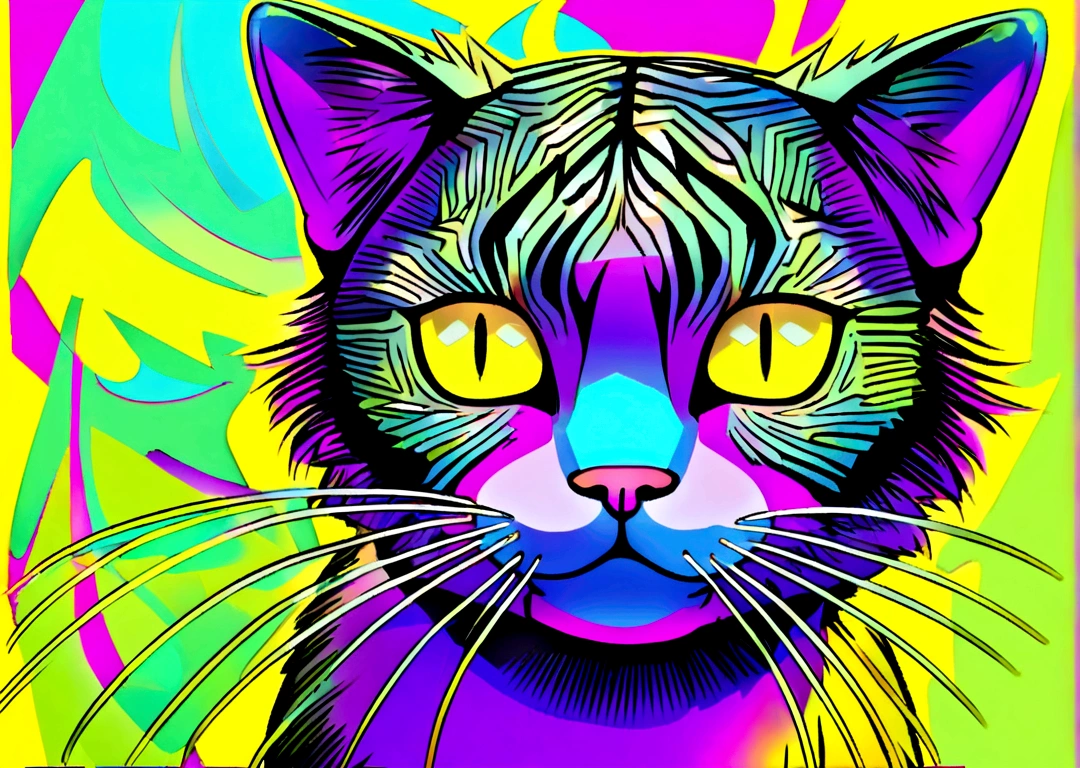 A cat on a paint background in lime green colors, Lemon yellow, electric blue and neon purple, Akira Toryama style 