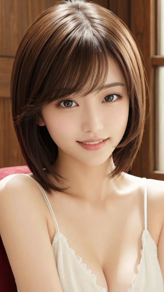 masterpiece、Highest quality、High resolution、Tabletop、wallpaper、Realistic、Bright lighting、Professional Lighting、Face Light、Smooth lighting、Japanese women、Adult、Beautiful woman、action、gravure、sexy、so beautiful、Beautiful Skin、Beautiful and detailed、Detailed face、slim、moderately、short hair、Brunette colored hair、Brown eyes、Looking at the camera、smile、Cleavage