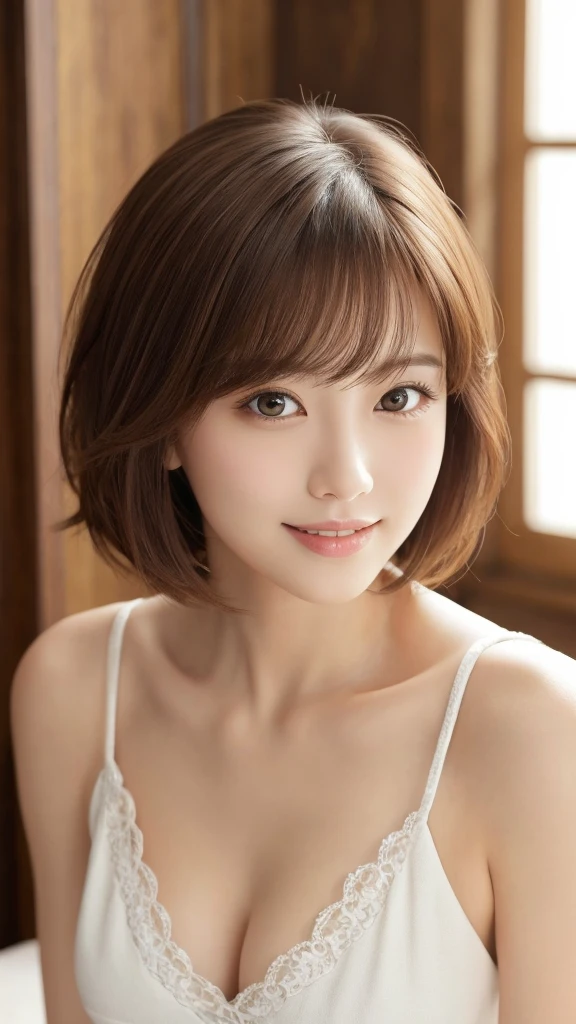 masterpiece、Highest quality、High resolution、Tabletop、wallpaper、Realistic、Bright lighting、Professional Lighting、Face Light、Smooth lighting、Japanese women、Adult、Beautiful woman、action、gravure、sexy、so beautiful、Beautiful Skin、Beautiful and detailed、Detailed face、slim、moderately、short hair、Brunette colored hair、Brown eyes、Looking at the camera、smile、Cleavage