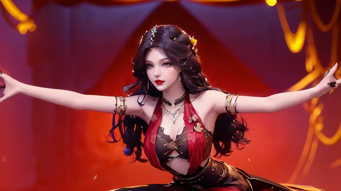 1 beautiful sexy 20 year old girl, ((Wearing an ultra-thin red dress:1.6)), Diamond-encrusted dress, ((Long dark purple hair:1.6)), Bangs, Jewelry crafted with gemstones and beautiful hair, ((Wear a black lace necklace:1.4))), noble, Beautiful lady, Her little face is super cute, Her face is beautiful, Sparse eyebrows, Flawless beautiful face, ((Black pupils: 0.8)), Very beautiful eyes, ((black eyes: 1.6)), Beautiful makeup and hair detailed eyelashes, steam eye makeup, high nose, earrings, Red lips, ((Shut up: 1;5 )) Beautiful lips, Delicate hands, The most beautiful thighs, ((Stretch your arms to the sides: 1.5) ), ruddy face, cleanface, Flawless beautiful face, Smooth and fair skin, (Large Breasts: 1.5)), ((High chest: 1.6) ), Breast tightness, Beautiful cleavage, (((Large Breasts and super round: 1.8))), ((super Breast tightness: 1.7)) , Beautiful breasts, Perfect body, Rear arm, Keep your chest up, Thin black mesh,With black lace trim, (((Sitting, Lean back and hold your arms behind you:1.5))), ((Keep your chest up姿势: 1.5)), Don't be shy, 8k Photo, super high quality, Surreal, 10 times more pixels, Optical, Bright studio, Bright Edge, dual-tone light, (High Detail Skin:1.2), Super 8K, soft light, high quality, volumetric light, Reality, Reality high resolution, light, Best photos, 4K, 8K picture quality, Blur effect, Smooth and sharp, 10 x Pixel, ((Red flower background:1.5)), aurora, lightning, Super realistic graphics, The most realistic graphics, Solitary, Solitary, Extremely clear images, Surreal的, (((Frontal image: 1.6)))."