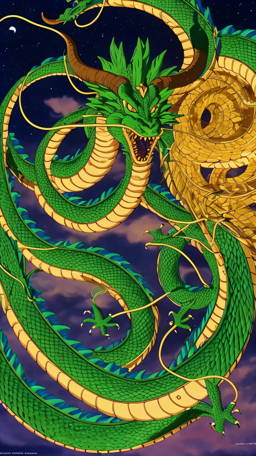 {{{masterpiece}}}, {{{best quality}}}, {{ultra-detailed}}, {illustration}, {{an extremely delicate and beautiful}}, (beautiful detailed eyes:1.6), extremely detailed face, 8k, anime face, Shenron(Dragon Ball), no humans, dragon, solo, dragon moustache, multiple arms, red eyes, serpentine dragon, brown horn, branching horns, scales, green scales, light yellow bellows, deep green dorsal fin, very very long torso, undulate the torso, tail stuck in ground, light diffused from the ground, Diffuse reflection, night