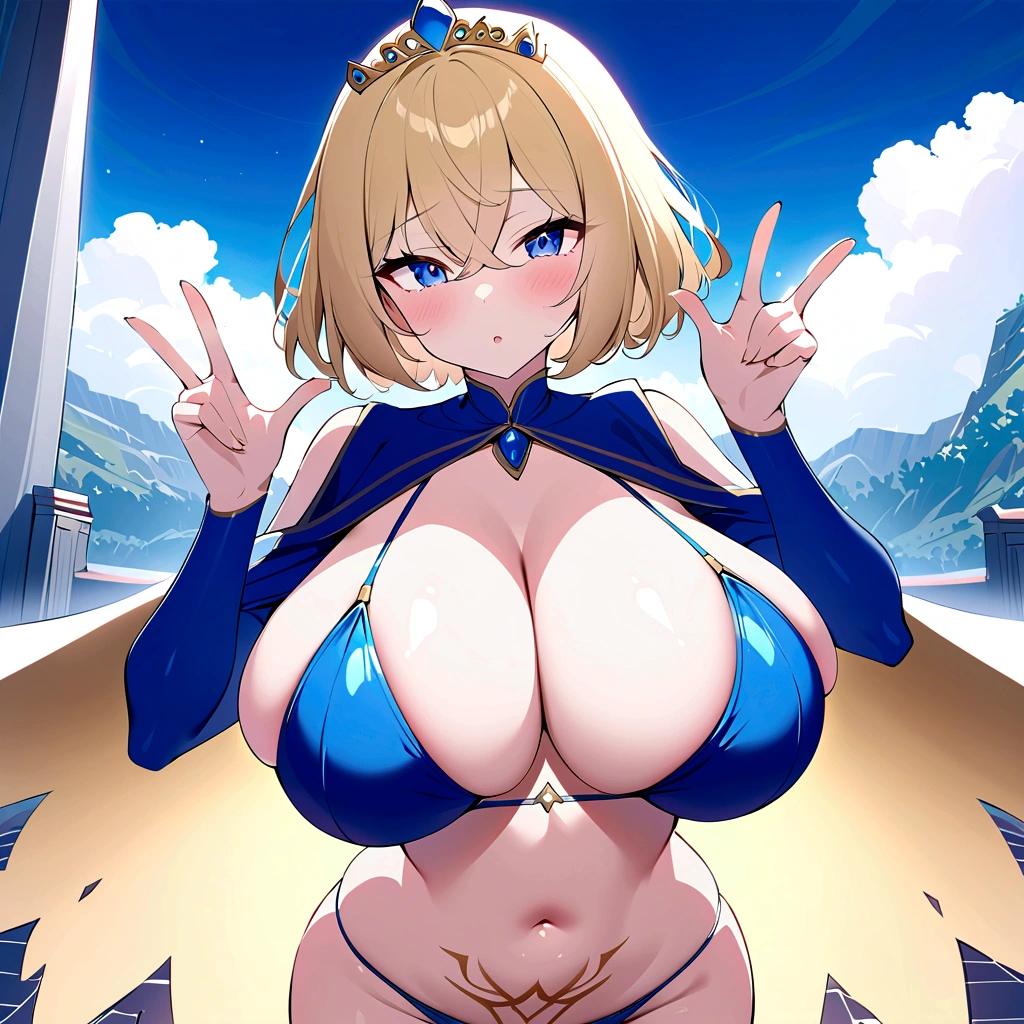 (masterpiece),(best quality),(ultra detailed),(illustration),(an extremely delicate and beautiful,(solo),(girl is supreme almighty goddess of the sky and reproduction),(giganticboobs:1.3),big ass,(curvy),4fingers and 1thumbs,boyish,(shiny hair),(short hair),((flipped hair)),(((crossed bangs))),(blonde hair),blue eyes,(shiny skin),(gold supreme goddess tiara),((golden stomach tattoo)),BREAK,(sapphire blue supreme goddess cloak),(((sapphire blue supreme goddess armor))),cleavage,stomach,(sapphire blue supreme goddess thong),(sapphire blue supreme goddess elbow gloves),(sapphire blue supreme goddess thighboots),((in the great temple of the sky))