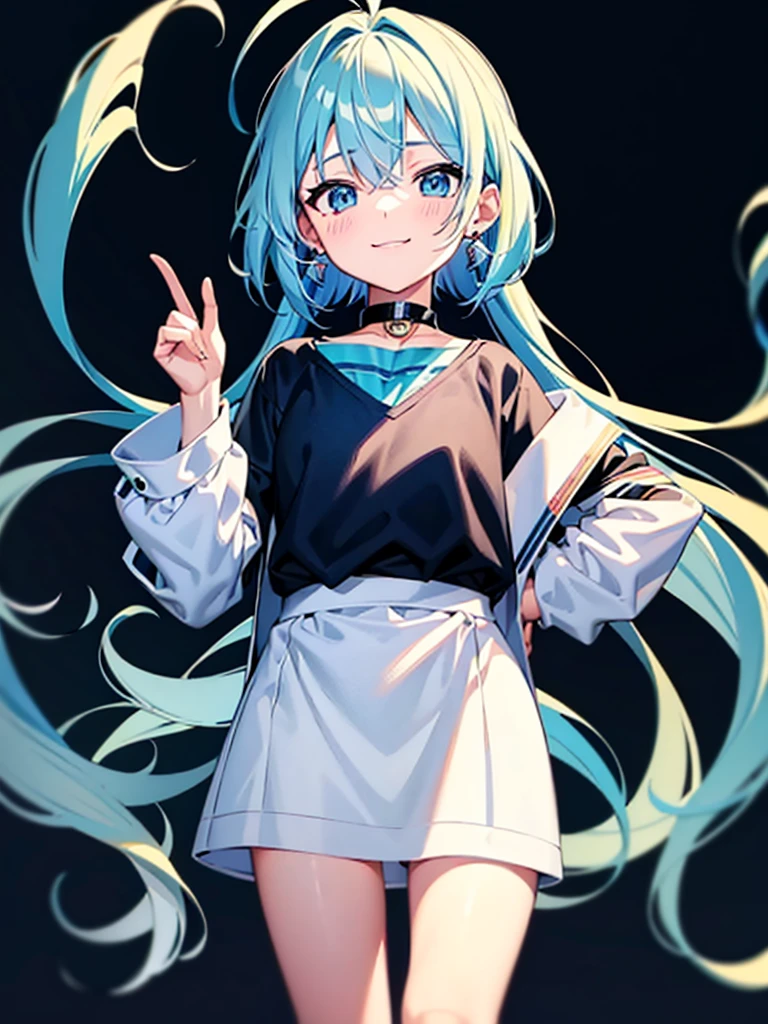 超A high resolution, Best aesthetic, Top quality depiction of the foot, Put on a jacket,  Light blue long hair、Twin-tailed、 Flat avatar,  Anime visuals of cute girls, Cute art style, chibi,  Shorthair, Ahoge, is shy, adorable smiling, hair adornments,drawing on paper,  simple background, earrings, jewely, side locks, large oval eyes,