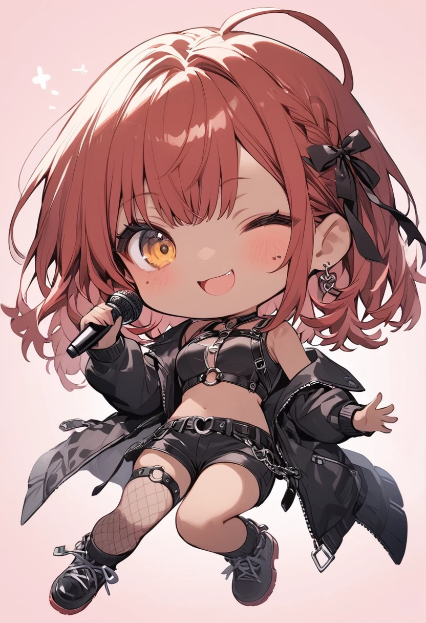 full body,1 girl, (cute:1.3),short red Hair, left eye blue, right eye yellow, tan skin, freckles,{open sexy clothes, black skirt, Black stockings, long sleeves, chest harness, black shirt, crop top, shorts, Shoes, O-Ring, midriff, off shoulder, medium breasts, thigh strap, shorts, fishnet stockings,Glossy, shiny material, chibi emote, chibi character, chibi, holding microphone, singing into microphone, embarrassed expression