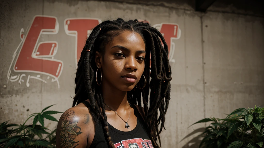 stylized artwork of soft filter. grunge filter. photorealistic. 8k. cinematic, very high resolution. maximum resolution. ultra realistic. unique beautiful face, realistic face, retro grunge photo ascetic. grunge city graffiti , sexy tattooed black-dreadlocks teen cute sexy ebony girls, in marijuana plants buds crop, red gym outfit