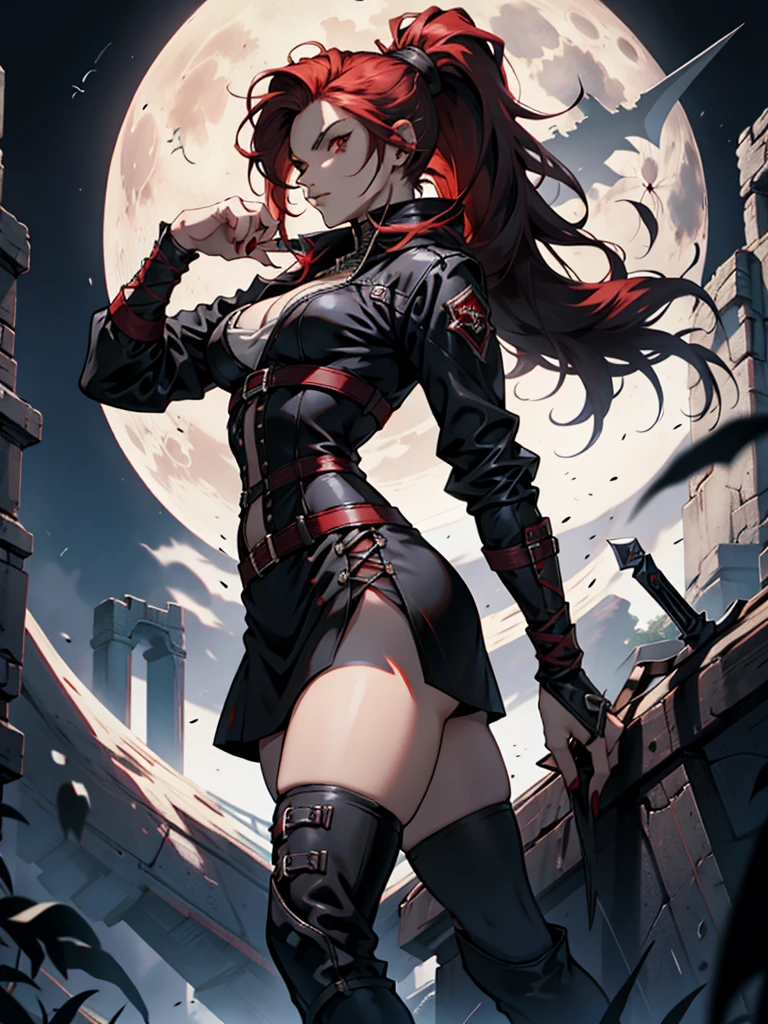 Rogue human woman, with red hair and black streaks, long high ponytail, white corset, black mini skirt, black thigh high boots, black jacket, holding a dagger, red eyes, moon background
