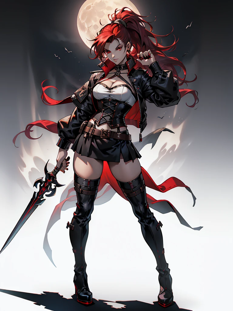 Rogue human woman, with red hair and black streaks, long high ponytail, white corset, black mini skirt, black thigh high boots, black jacket, holding a dagger, red eyes, moon background
